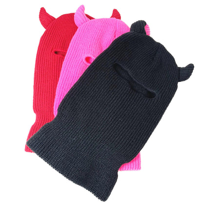 Devil Horns Knit Beanies Hat Full Face Cover Balaclava Ski Head Mask