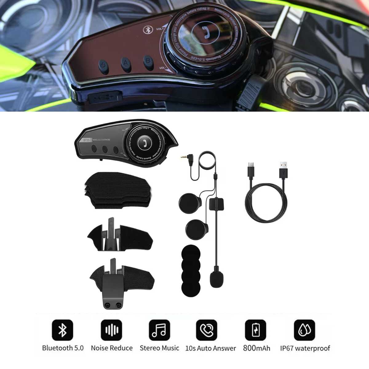 BT35 Helmet Headset Motorcycle Intercom, Interphone Intercomunicador Moto Waterproof BT5.0 Wireless Headset